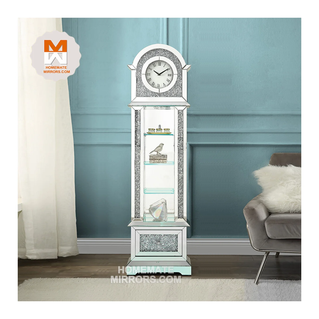 Big Mirror Floor Grandfather Clock with Faux Crushed Diamonds