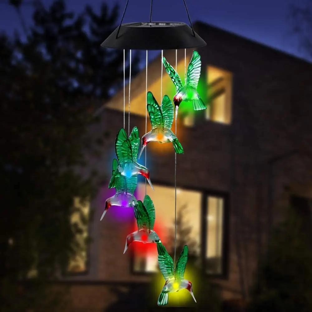 Hummingbird Wind Chime LED Solar Wind Color Changing Six Hummingbird Waterproof Outdoor Decorative Romantic Wind Bell Light