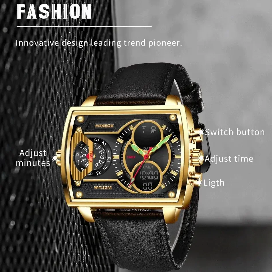 FOXBOX 0009 New 2023 Digital Watch For Men Sports Waterproof Bracelet Clock Gold Electronic LED Watches Mens relojes hombre