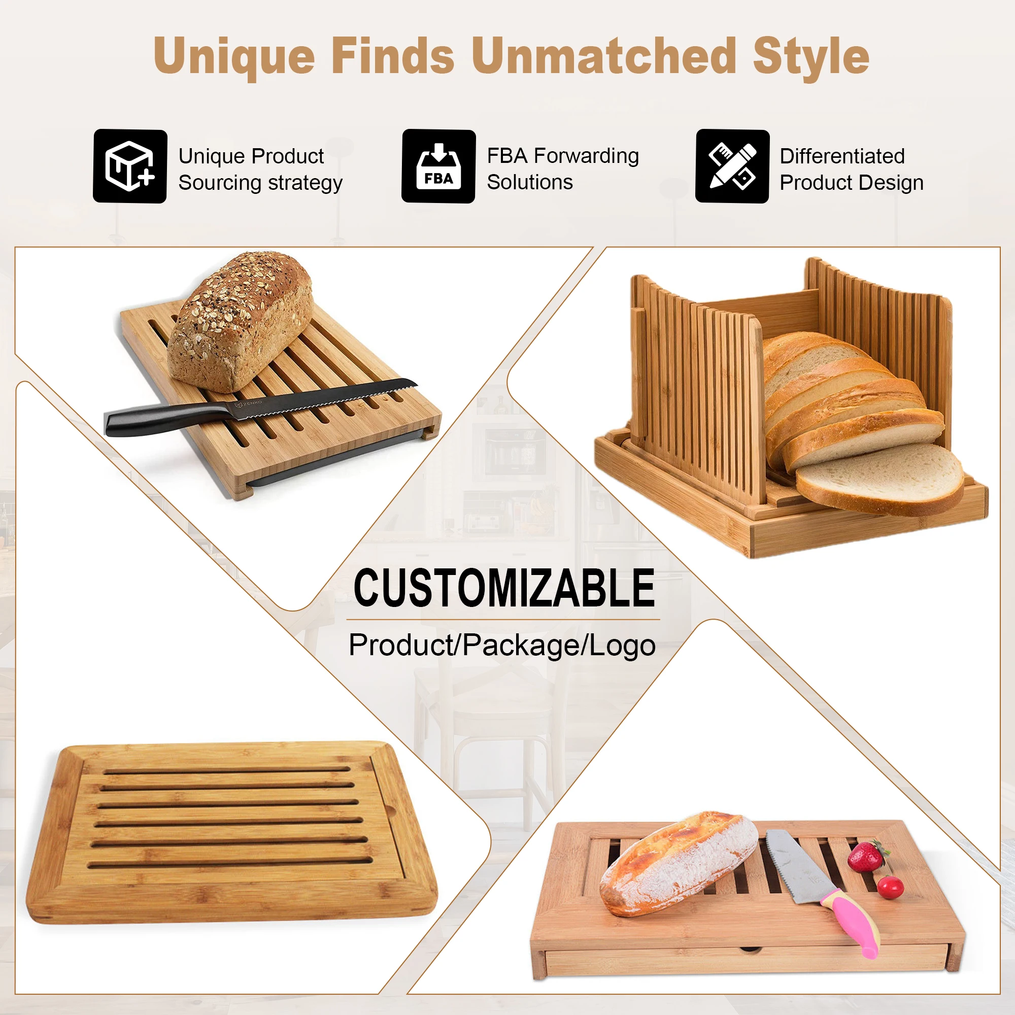 Customizable Logo unique 2in1 toast shaped picnic bamboo bread cutting board with removable crumb grid serving tray for bakery
