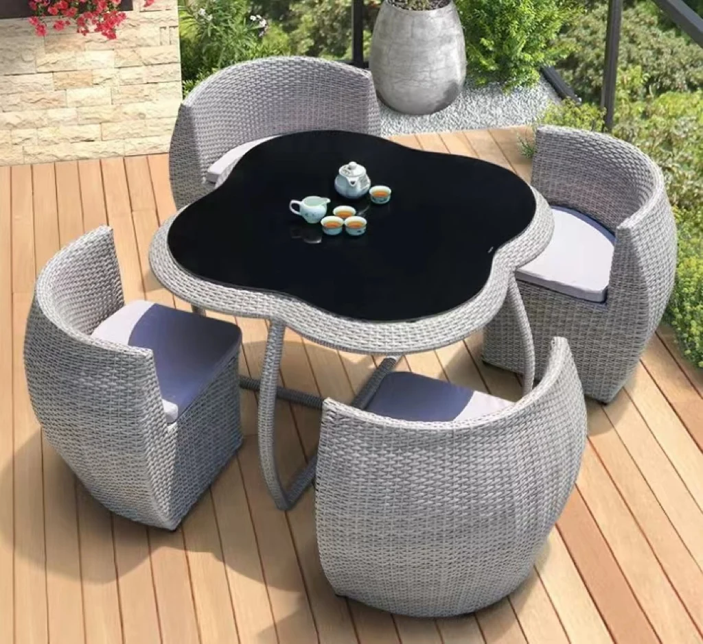 Outdoor PE plastic round gray space saving furniture garden rattan table and chairs sets