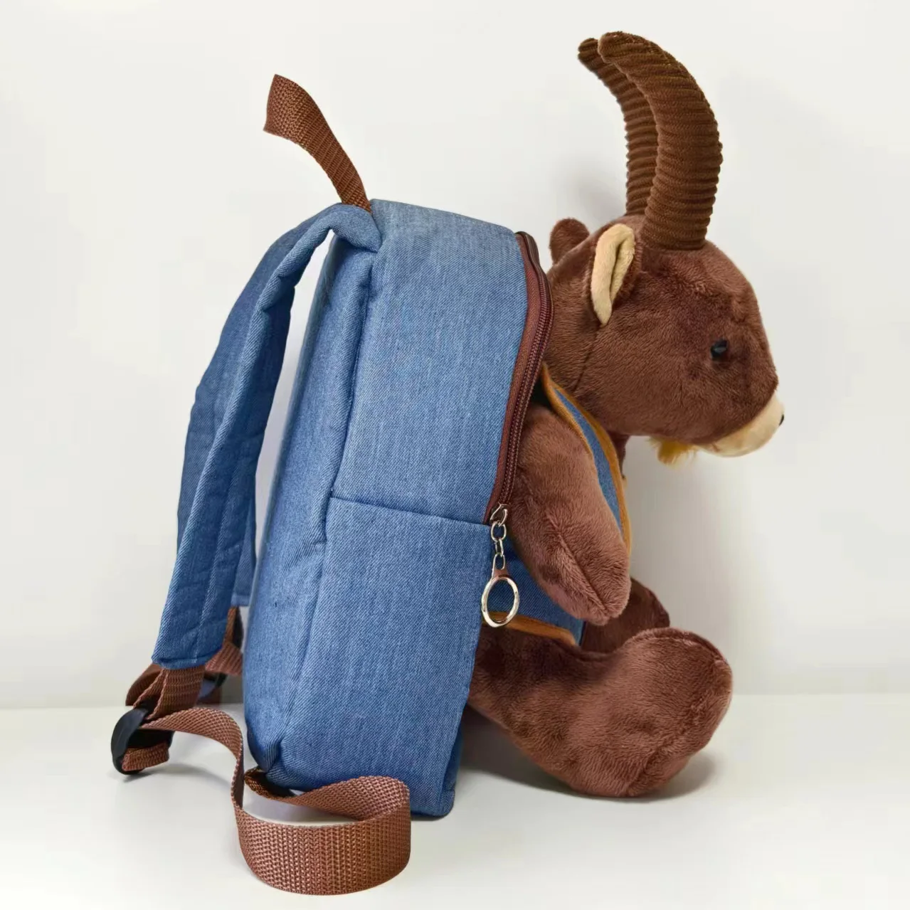Customized stuffed animal antelope plush toy backpack denim 3D backpack kids cartoon backpack