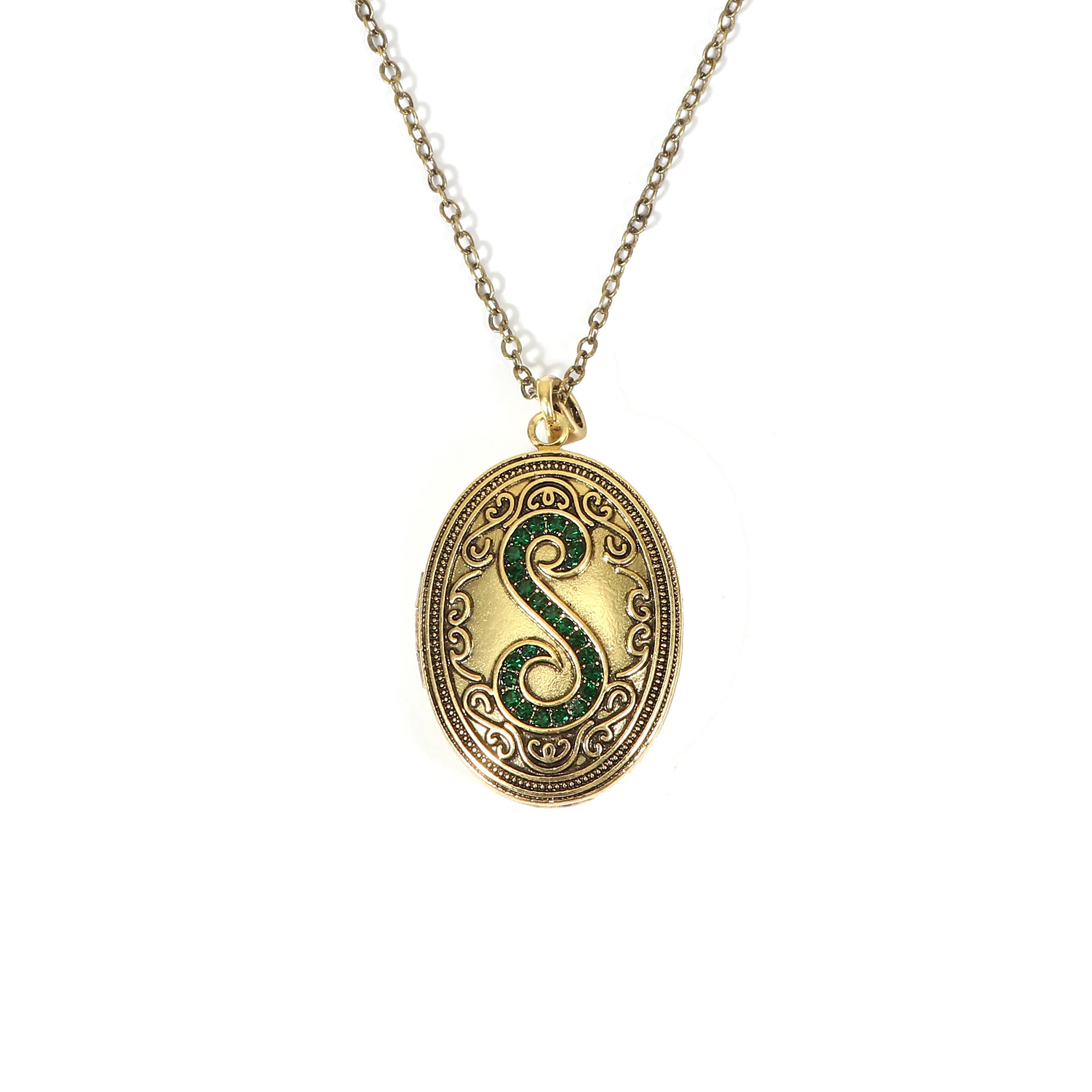 New Style Custom Cheap Oval shaped Green Rhinestone Crystal S Letter Locket Frame pendant Necklace With Picture