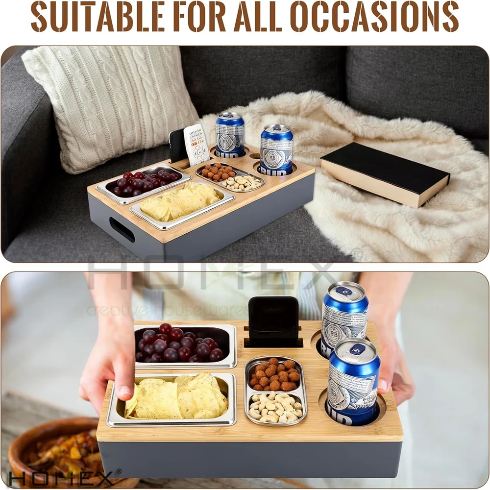 Bamboo Divided Snack Box Dispenser Container with Lid Bottle Holder for Living Room Picnic Party