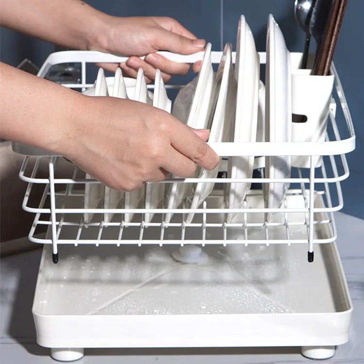 Dish drainer kitchen storage plate organizer Space Saving Dish Rack Iron Kitchen Drying Rack with a Cutlery Holder