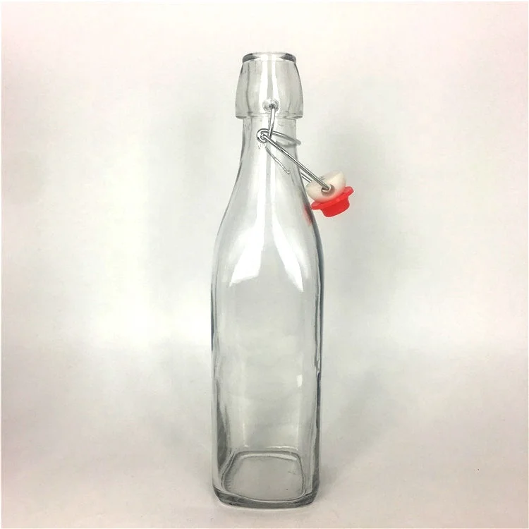Wholesale 500ml 1000ml square glass beverage bottle with swing top lid