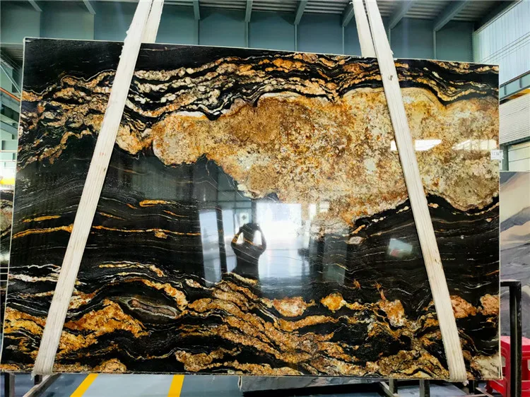Brazil Cosmic Luxury Natural Black Granite Slab With Golden vein