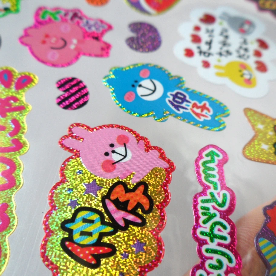 Custom design cute cartoon holographic glitter stickers sheet for kids Removable kitty animal stickers
