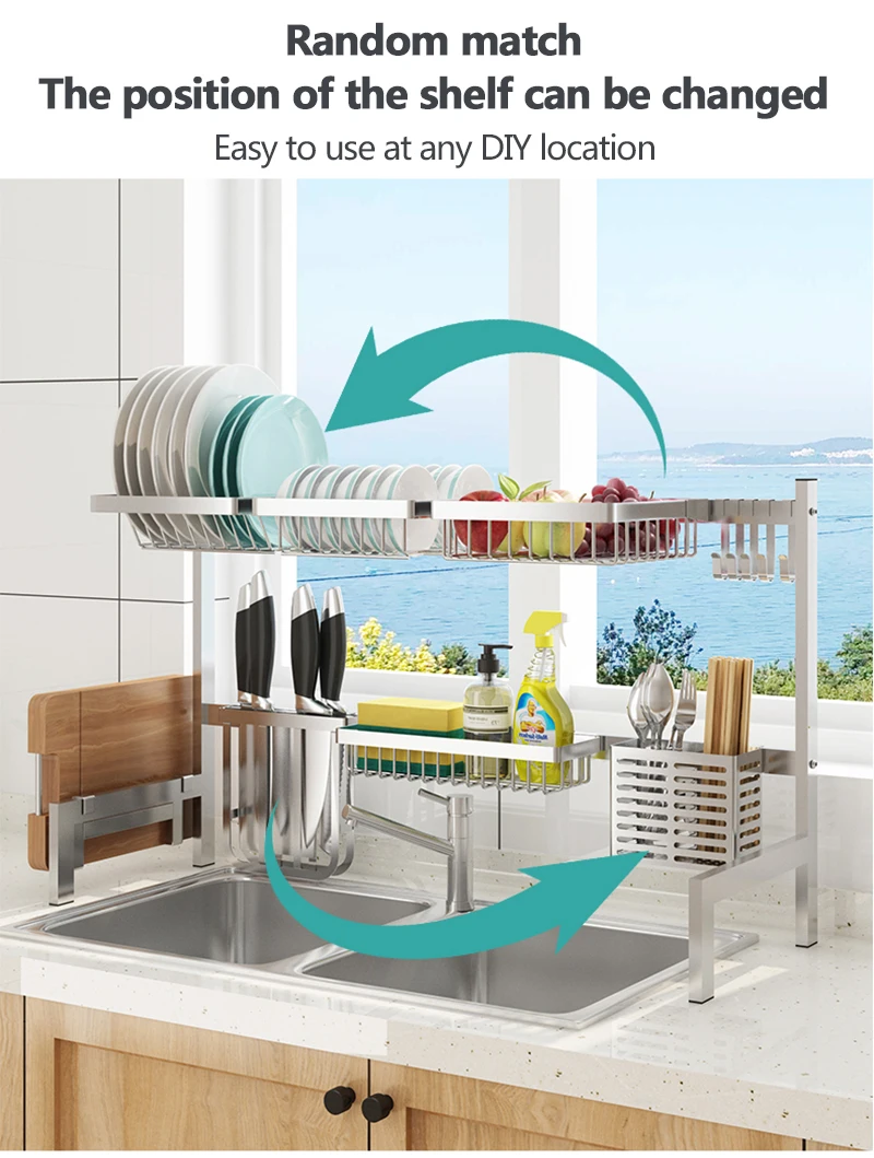 Holmine Dish Rack Over Sink Kitchen Supplies Storage Rack Space Saver Dish Organizer 304 stainless steel telescopic dish rack