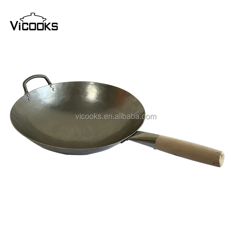 Traditional Extra Large Wok Hand Hammered Carbon Steel Pow Wok with Wooden Handle