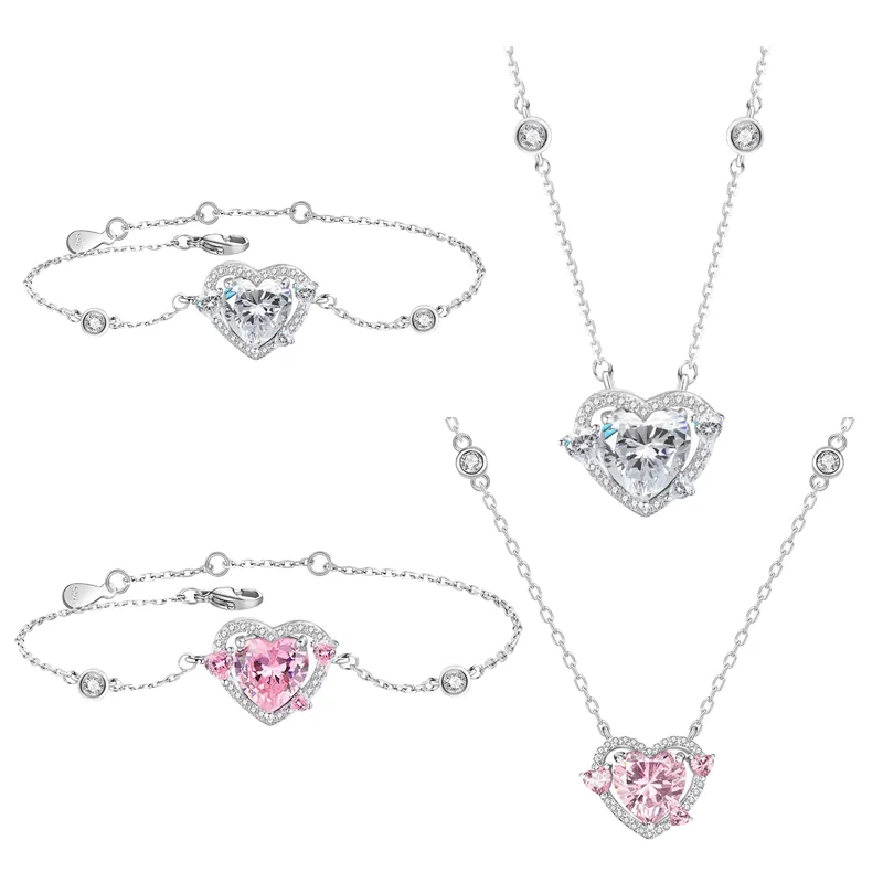 100% 925 Sterling Silver Pink White Heart Shaped Zircon Guarding Heart Heartbeat Signals Sweet Bracelet Necklace Jewelry Set