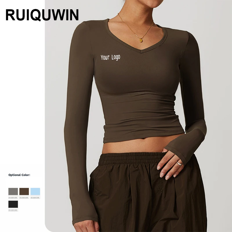 RUIQUWIN Custom Long Sleeve Crop Top Adults Quick Dry Breathable Yoga Tight Fitness Seamless Tops Sports T-shirt