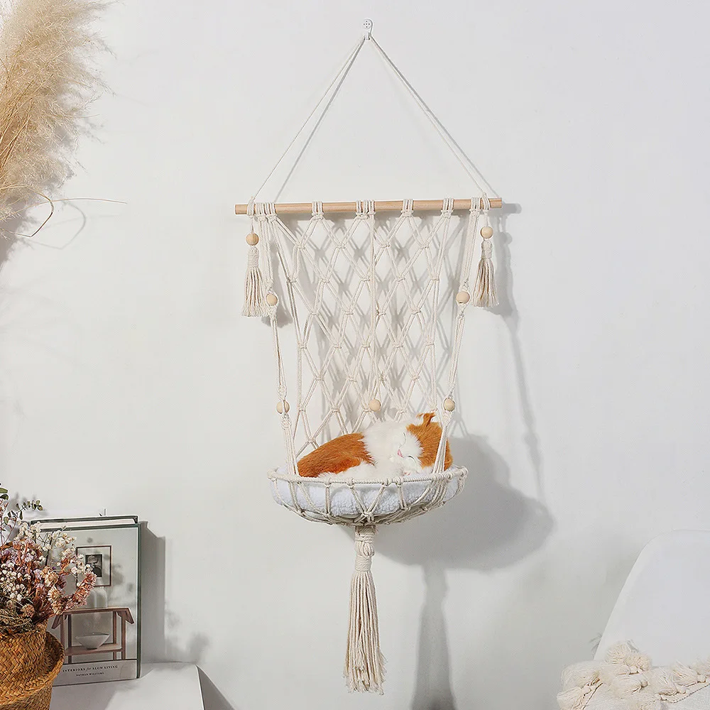 Bohemian Pet Hammock Cat Bed Handwoven Tassel Macrame Pet Cat Hammock Swing Bed Hanging Basket Net Bag For Cats