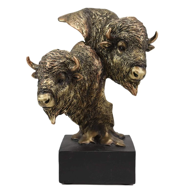 Nordic  Wild Bison and Calf Head Bust Figurine with Black Pedestal Decorative Resin  Figurine
