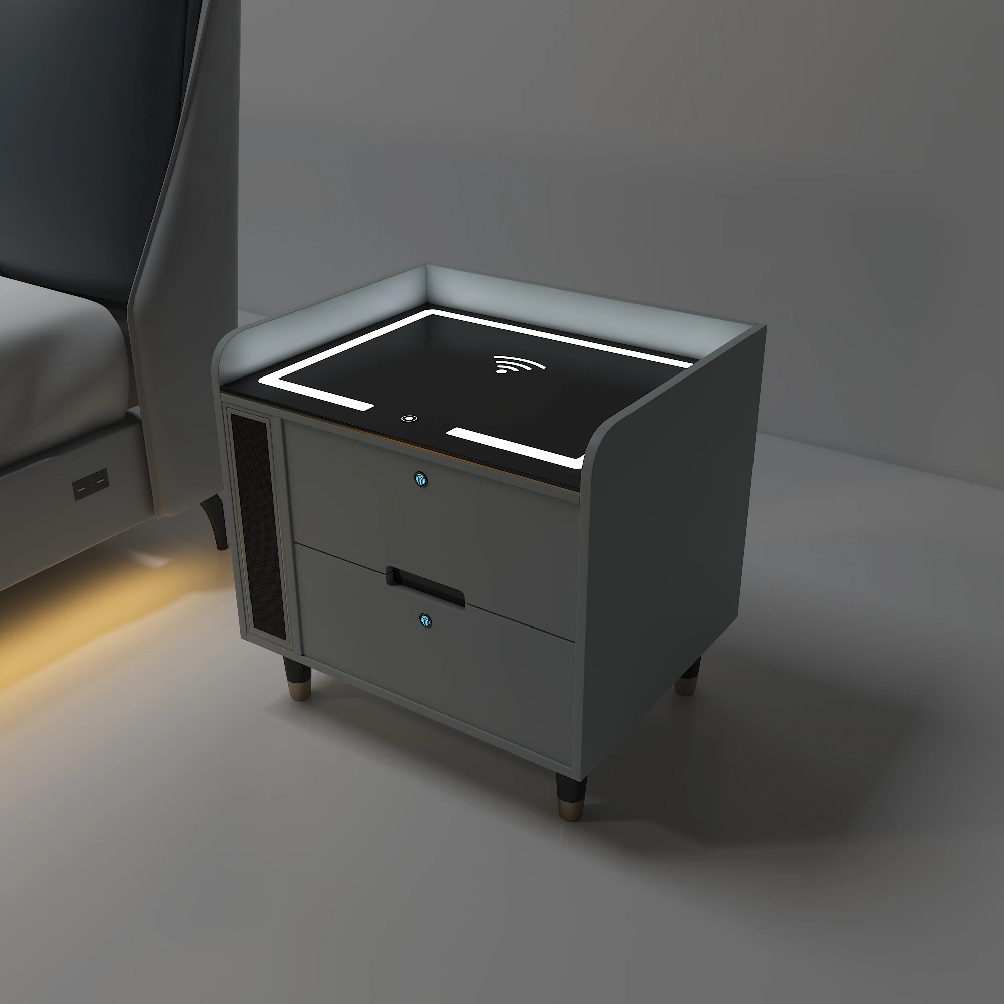 Simple Modern Fingerprint Lock Storage Bedside Table Smart Bedside Table with Wireless USB Charging