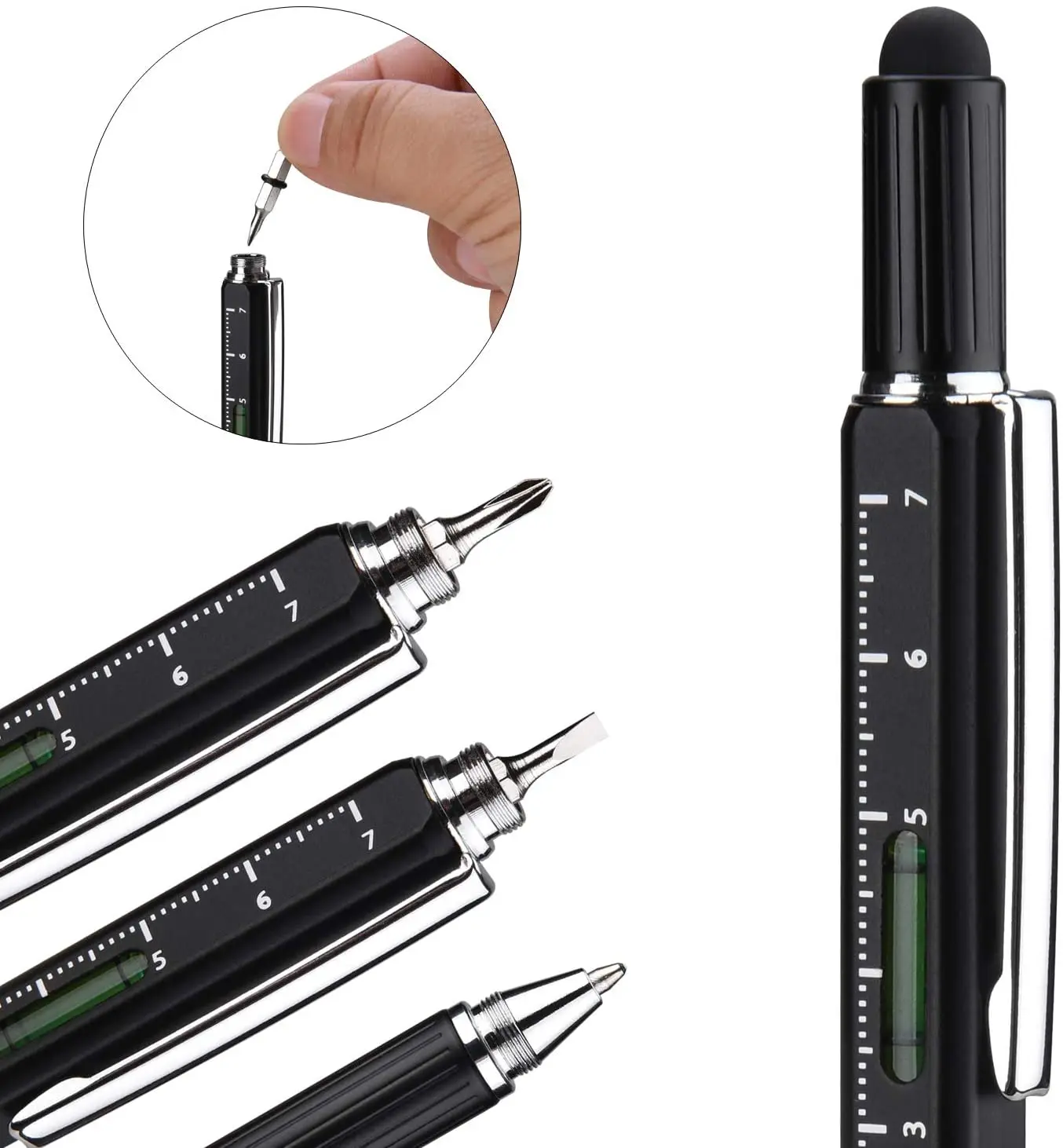 6 in 1 Screwdriver Tool Pen - Mini Multifunction Pen with Stylus, Flat and Phillips Screwdriver Bit, Bubble Level and inch cm Ru
