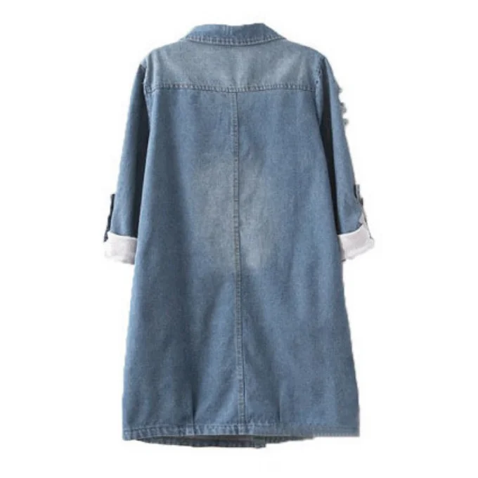 Loose Lady Long Jackets Woman Hole Denim Jacket Ladies Jean Windbreaker