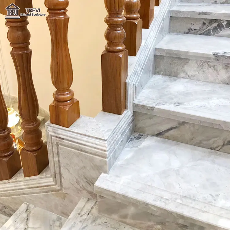 Villa Floor Design Indoor Staircase Beige Panda White Marble Tiles Stairs Step