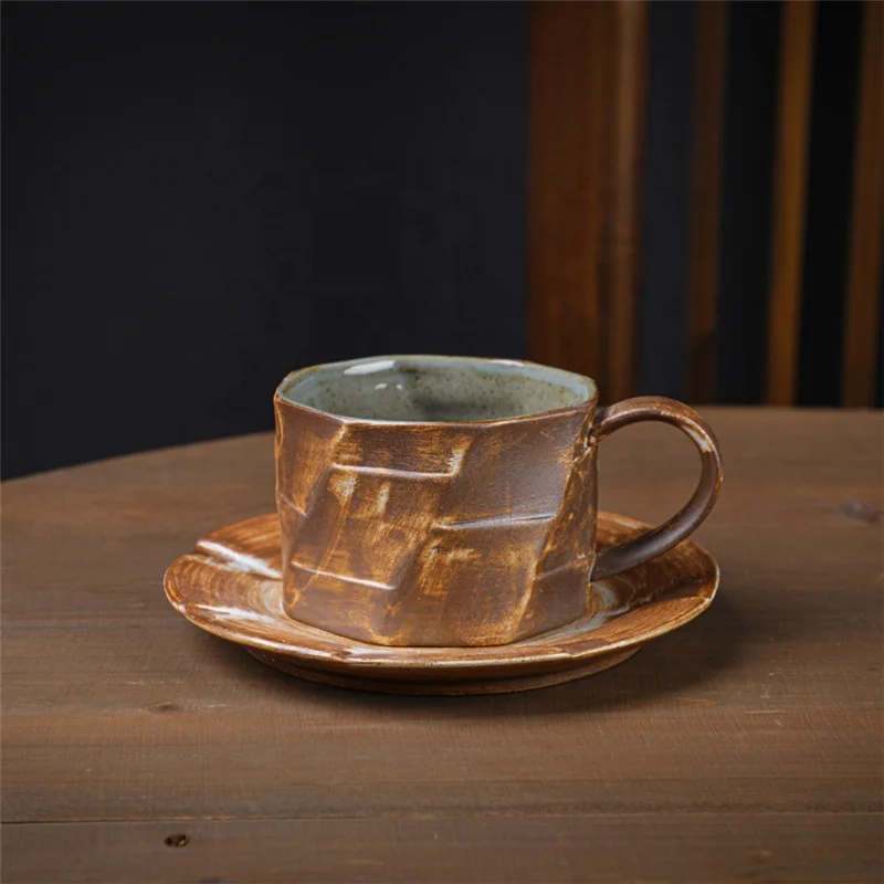 220ml Vintage Coffee Cup Saucer Set Handmade Cappuccino Mug Stoneware Artistic Tea Cup With Tray