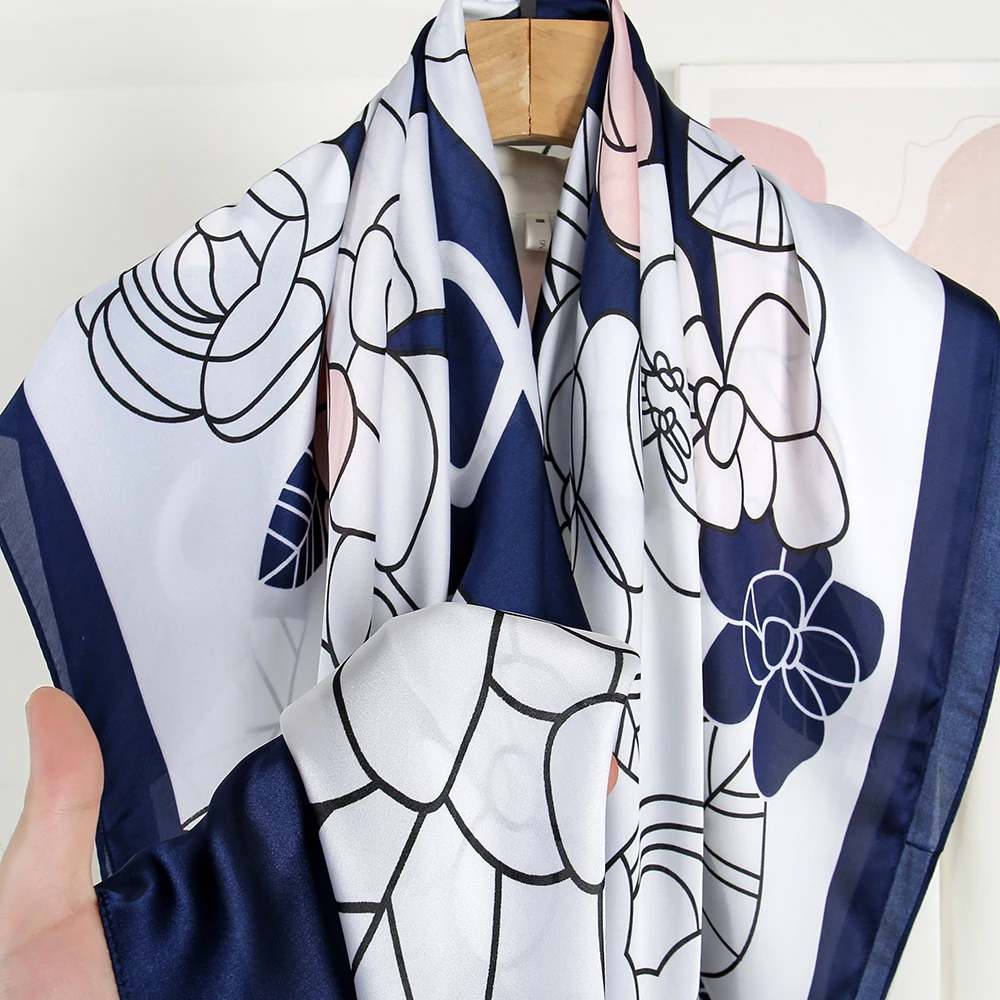 New Arrival Elegent Summer Bandana Square Fancy Flower Printed Hijab Satin Silk Scarf For Woman