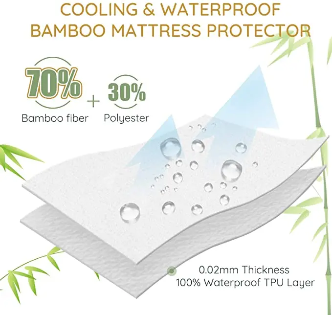 165gsm Bamboo Terry Cloth Mattress Protector, Ultra Soft Bamboo Cooling 100% Waterproof Mattress Cover, Vinyl-Mattress Topper