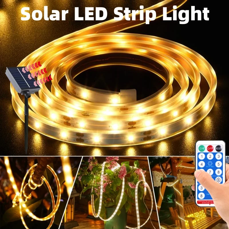 Solar power 3m LED strip lights warm white colorful tube Holiday strip lights with remote 8mode waterproof  outdoor fence garden
