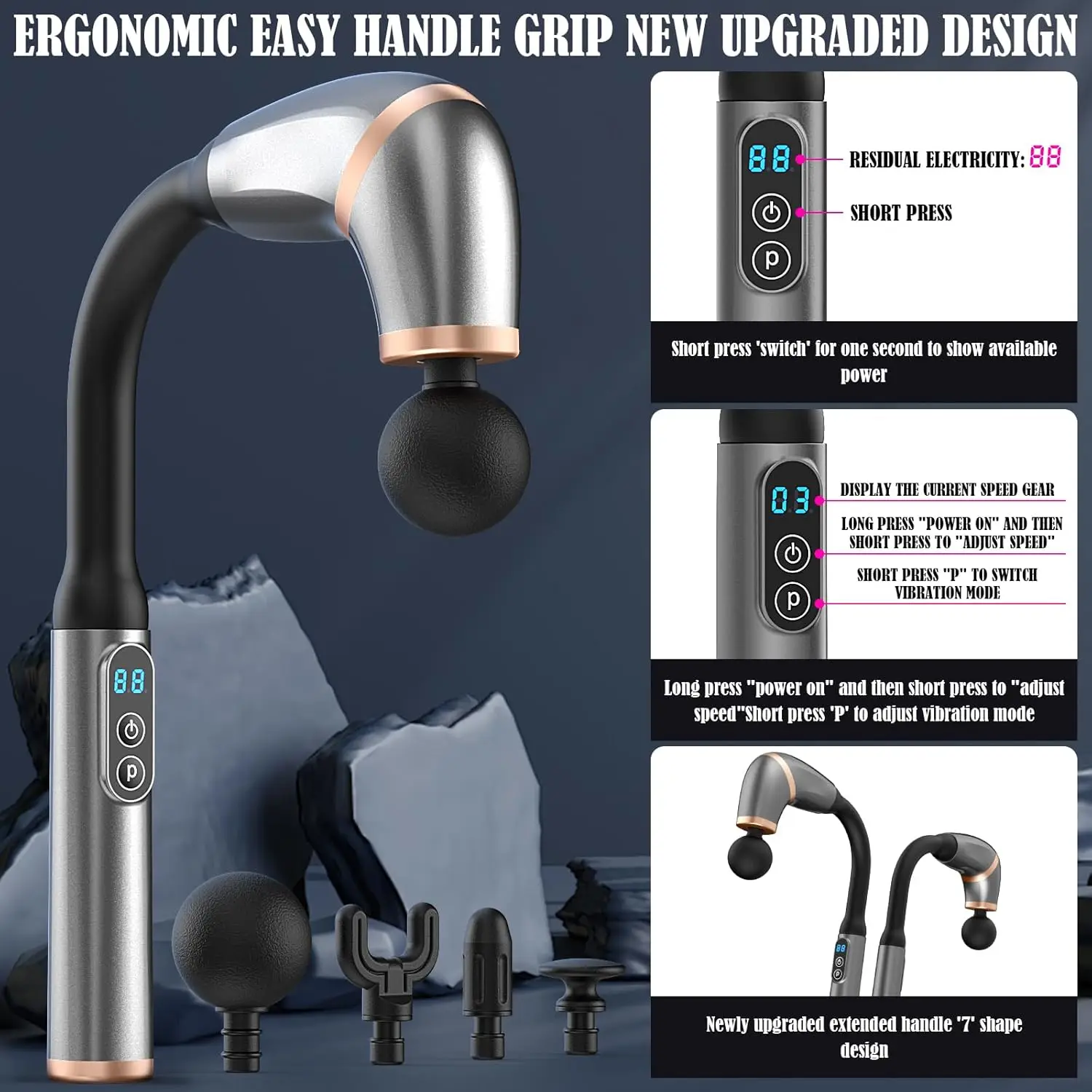 New Design Ease Back Massager Massage Gun Deep Tissue Upgraded Extended Handle Massage Gun with 6 Speed Levels