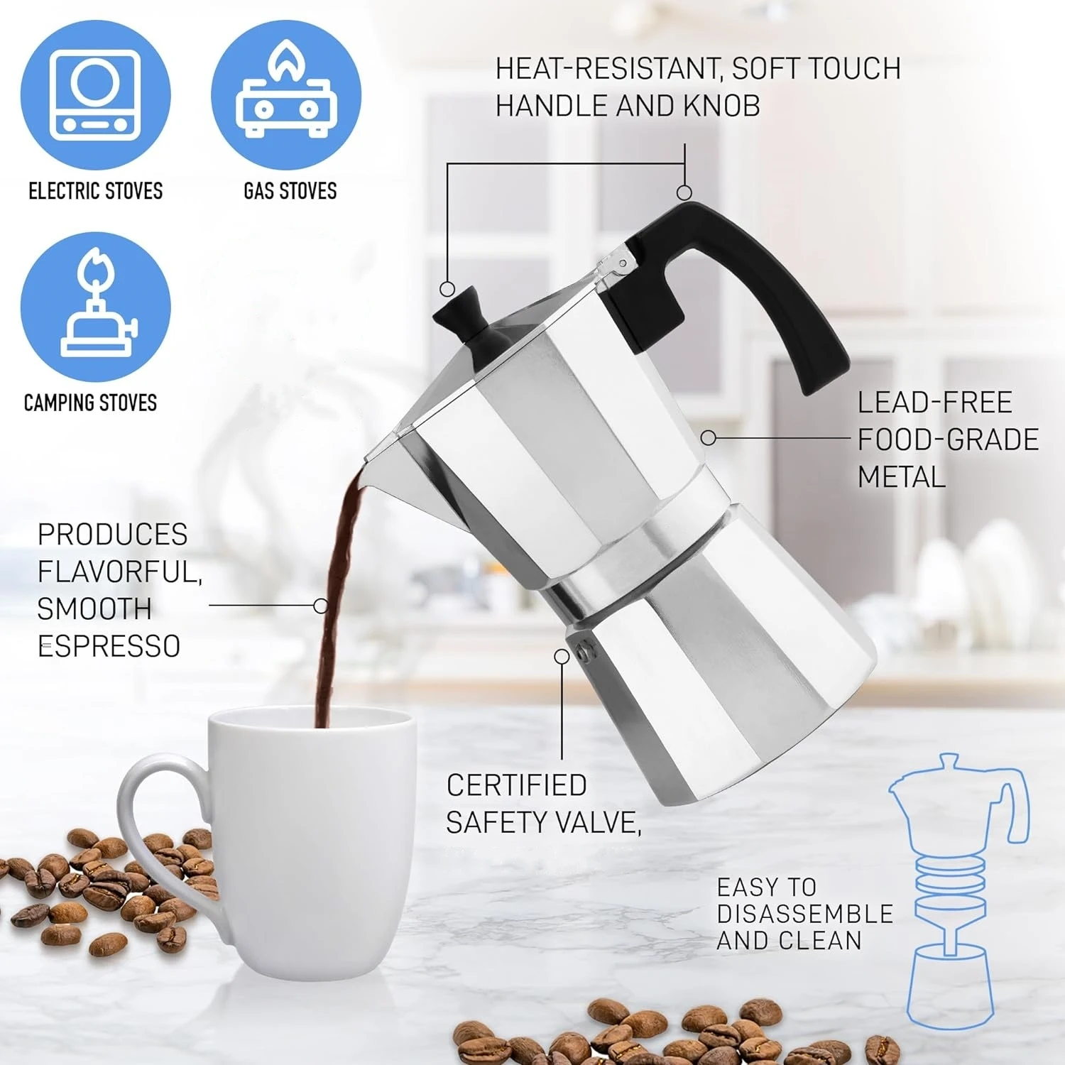 Custom Personalized Logo Camping 6 Cups Italian Aluminum Coffee Maker Double Valve Espresso Coffee Moka Pot