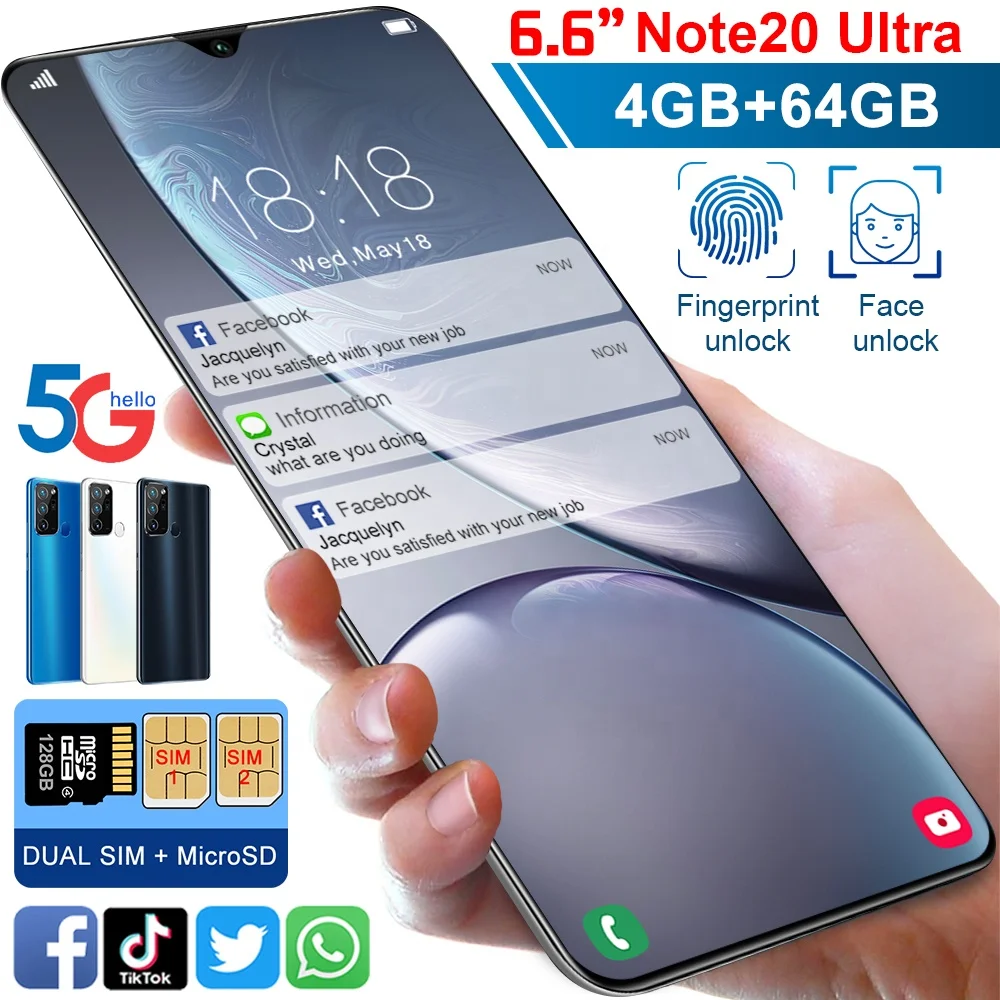 Глобальный смартфон Note20 6 дюйма HD распознавание лица Распознавание отпечатков пальцев мобильный телефон