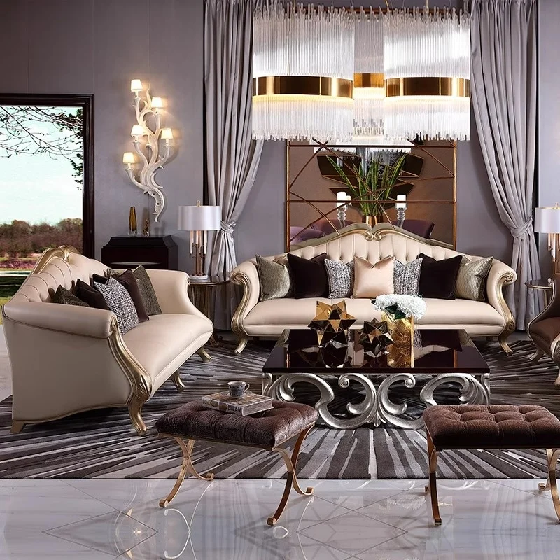 French Classical European Design High-End Luxury Leather Sofa Tea Table Set Large Antique Wood Furniture Hotel Home Living Room