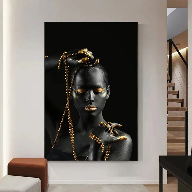 Modern Frameless Black Gold Nude African Women Oil Painting Canvas Poster Printed Scandinavian Wall