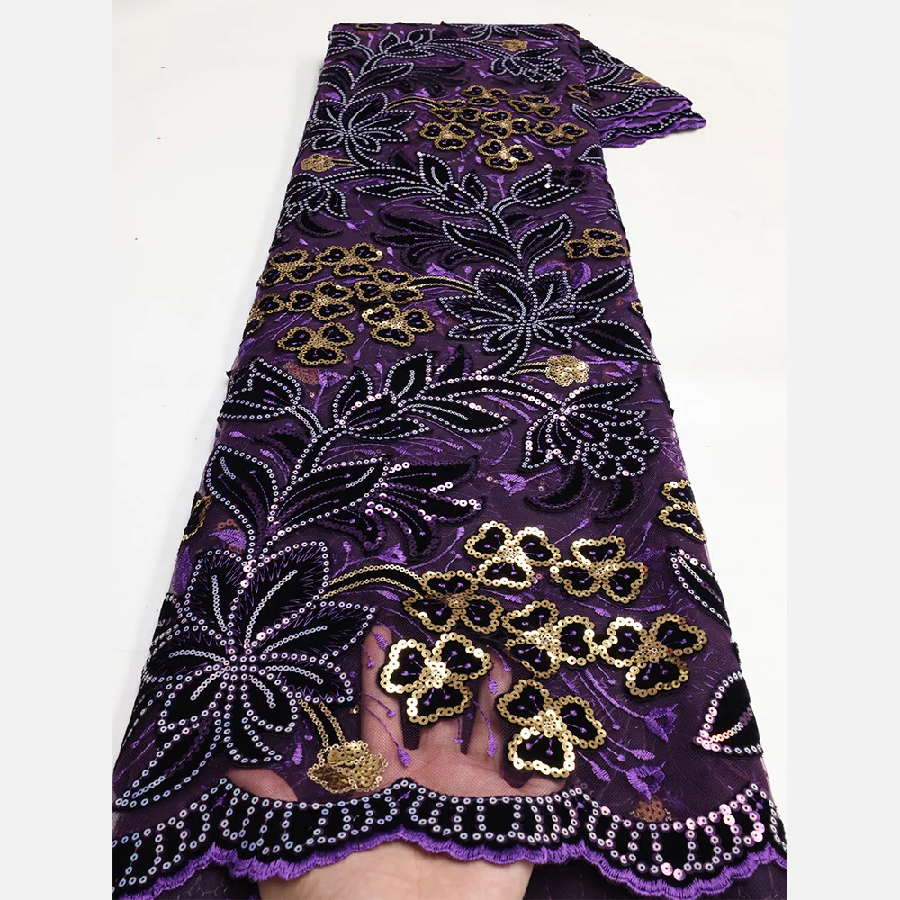 NI.AI Green and Gold Sequence Velvet Net Lace Nigerian Lace Material Embroidered Fabric for Women Dress