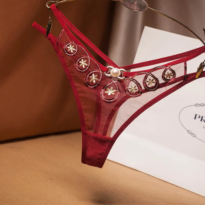 
Thongs And G String Transparent Mesh Embroidery Hollow Pearl Womens Thong Panties 