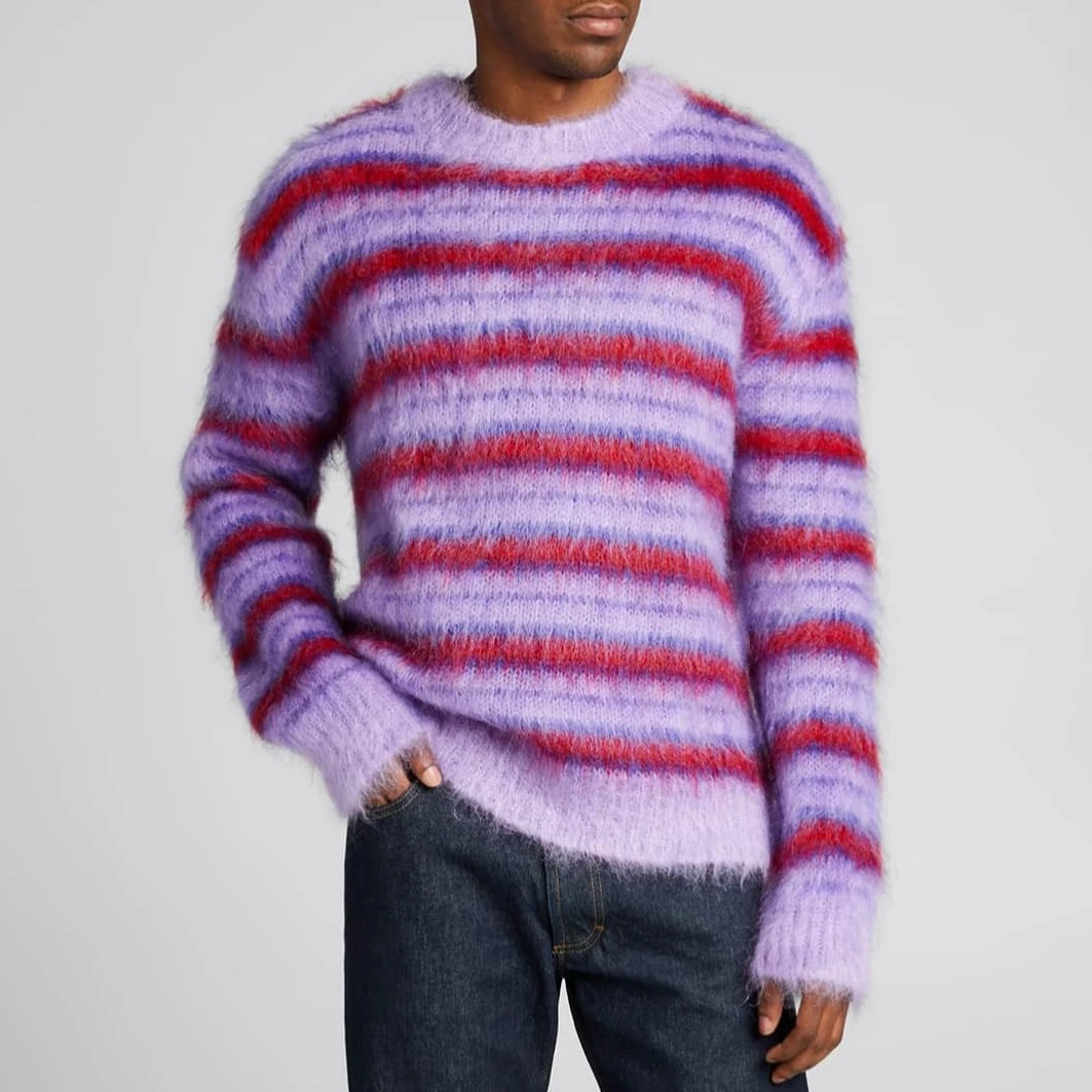 VSCOO 2023 new arrival design crew neck striped long sleeve color block mohair fuzzy custom jacquard men pullover knit sweater