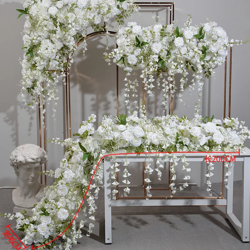 customize Wedding Props White Flowers Runners Flower Rows Artificial Flowers Table Runner For Wedding