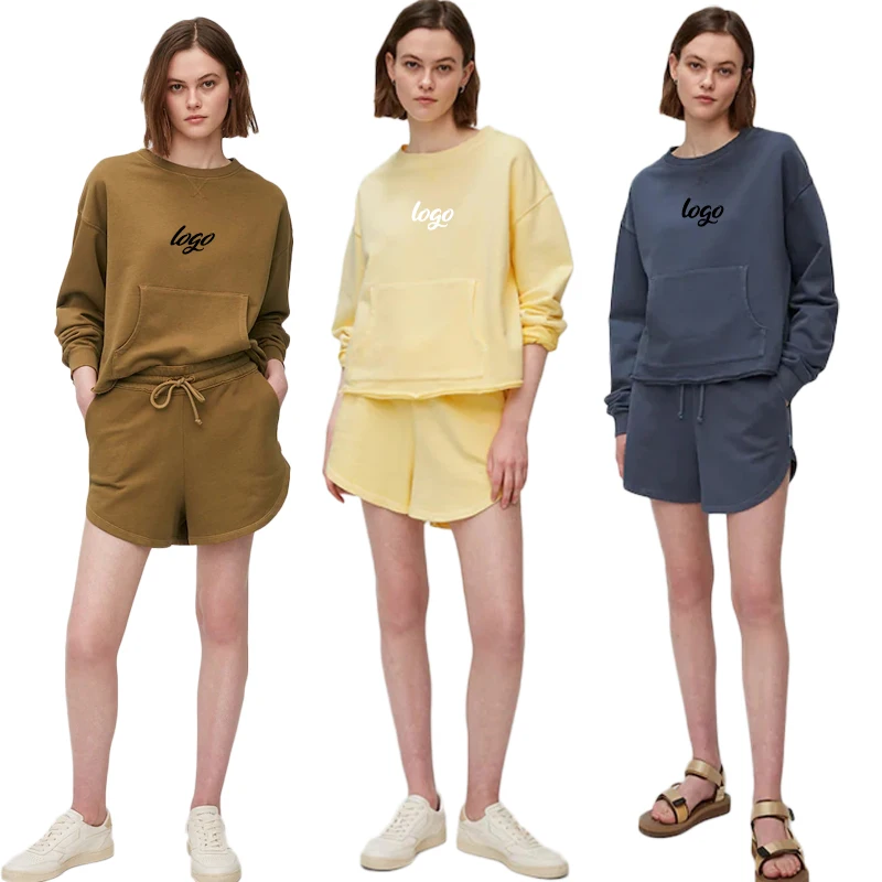 women clothing Custom logo two piece sweatshirt and short set outfits 2 piece matching tracksuit sweatsuit short set