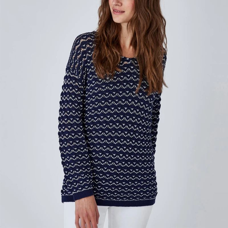 HDDA22050 Factory OEM/ODM 2022 V neck long sleeve comfort cotton crochet openwork sweater fancy knit jumper