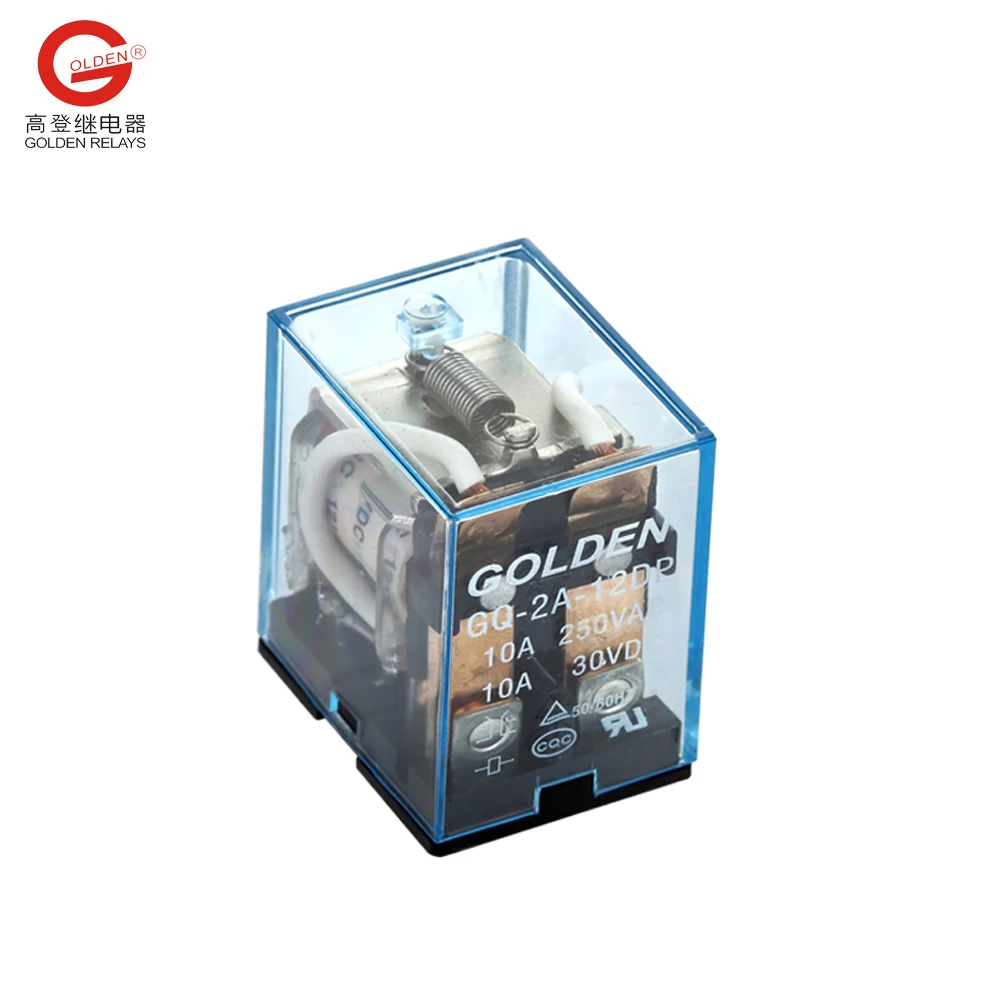 Golden 12V Relay 8 Terminal Pins 0.9W 1.2VA GQ-2A-12D Transparent Plastic Shell