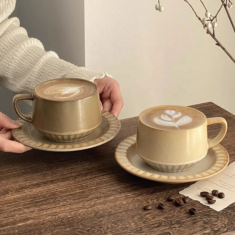 Elegant Ceramic Latte Art Cup Green Yellow Brown Branded Afternoon Tea Mug Vintage Coffee Mugs For Cafe