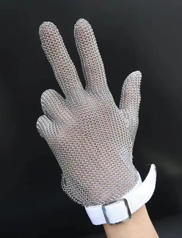 The factory produces food grade 304 316 stainless steel metal butcher safety net chain armor anti-cut gloves