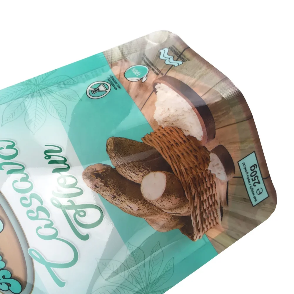 250g 500g Food grade laminated plastic glossy print stand up custom packaging ziplock bag for cassava flour