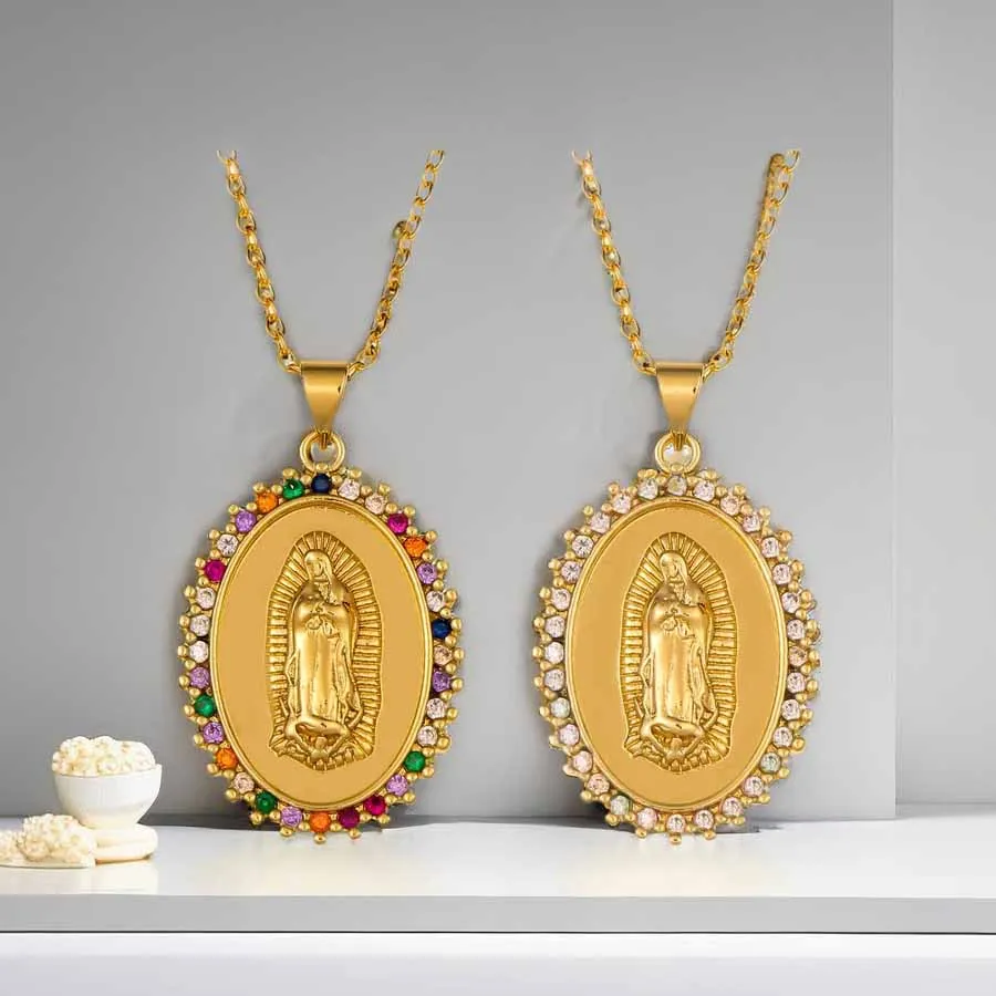 Fashion Oval Coin Medallion Religious Pendant Copper Plated 18k Gold Drop Oil Cubic Zircon Virgin Mary Necklace