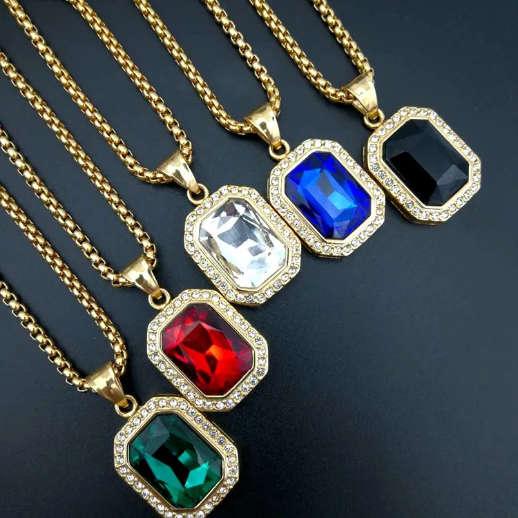 Men Women Stainless Steel Jewelry Square Stone Pendant with 60cm Chain Necklace