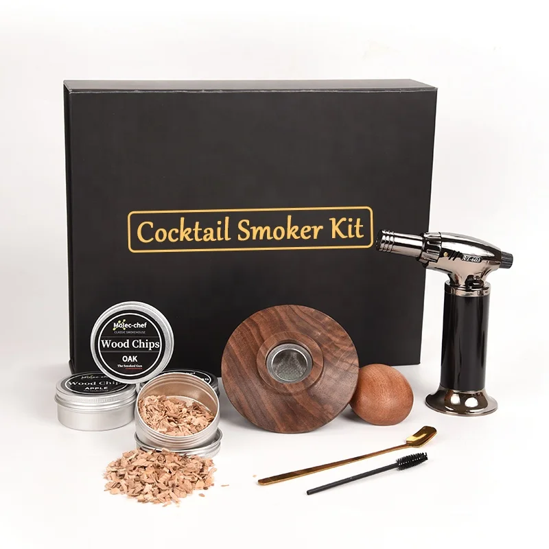 Stainless Steel Spoon Brush Wood Bar Wine Bourbon Smoke Top Cocktail Whiskey Drink Smoker Kit With Torch And Wooden Chips