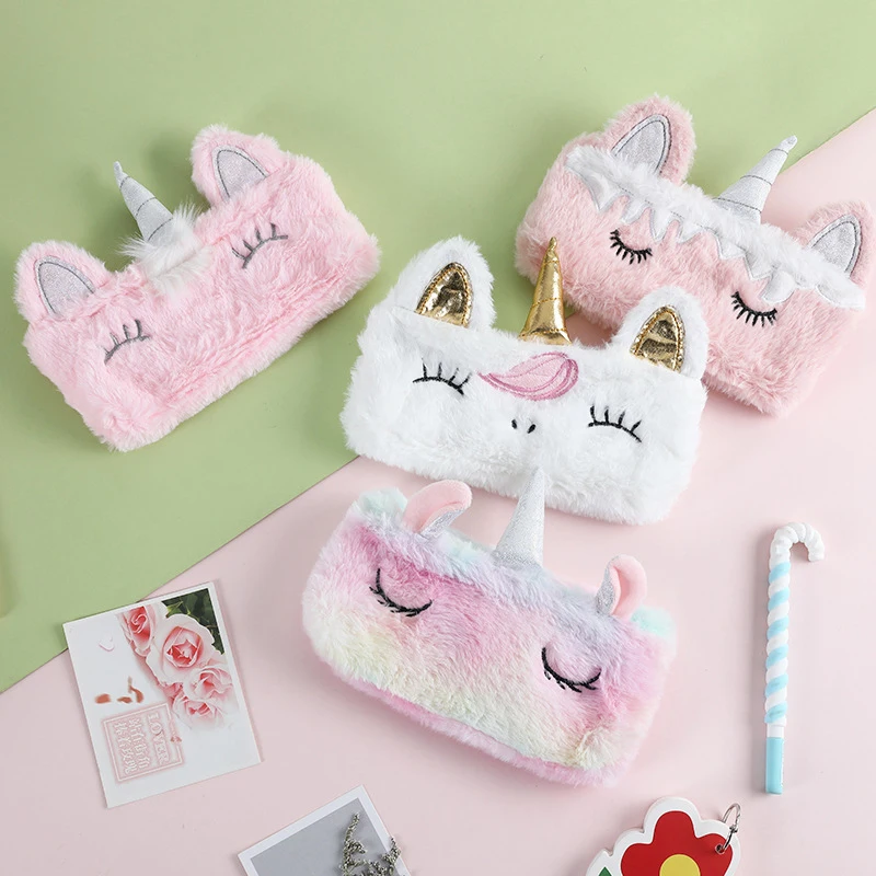 Flocking emulates fur unicorn custom school cute pencil case for girls