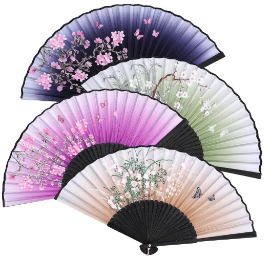 Handheld Floral Folding Fans Hand Held Fans Silk Women Hollowed Hand Foldable Bamboo Fans with Tassel