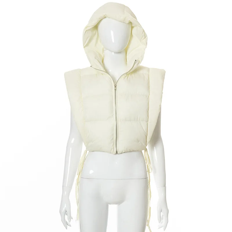 R10015 - fashion solid hooded hollow out bandage sleeveless women cotton padded jacket
