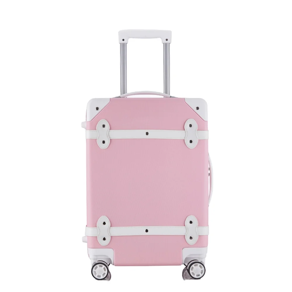 Classic Vintage Carry-on Trolley Suitcases Genuine PU Leather Pink TSA Lock Retro Trunk Trolley Luggage