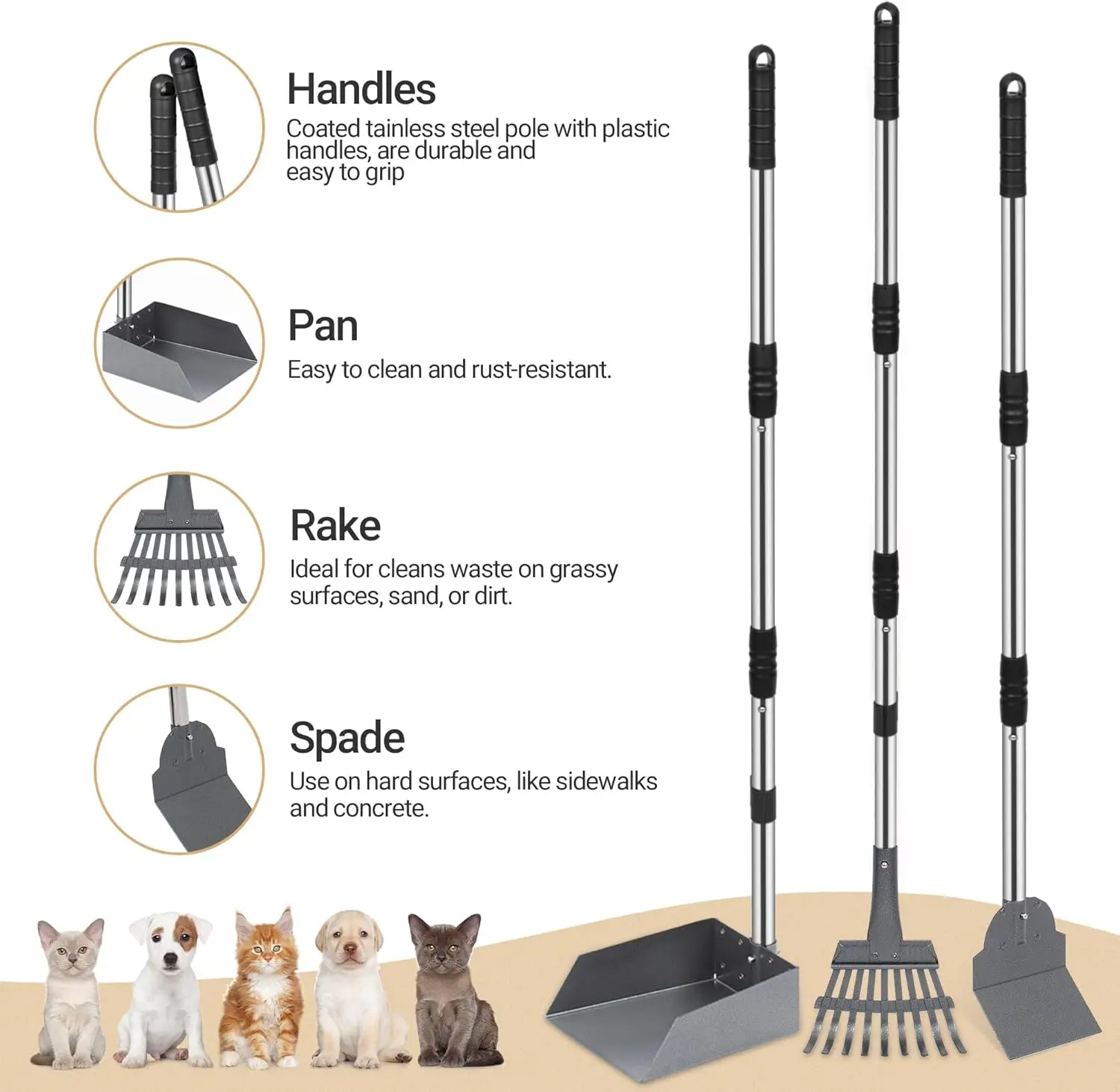 Stainless Steel Long Handle Adjustable Sectional Pet Waste Removal Scoop Dog Pooper Scooper Dog Poop Tray and Rake Set