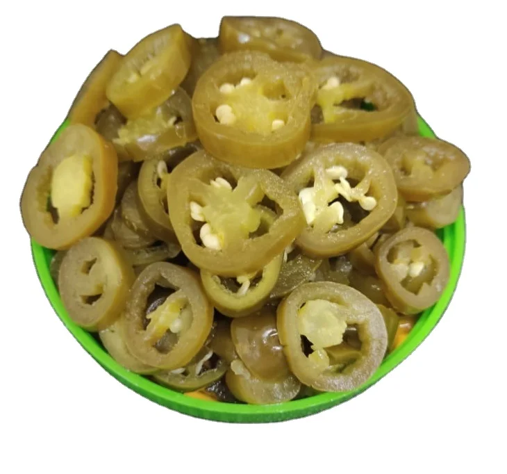Sliced Green Jalapeno pepper preserved in brine ready for eat as appetizer  made in Egypt all packages you need